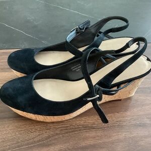 Via Spiga Gracie Black Suede Cork Platform Slingback Espadrille Shoes Size 8.5M